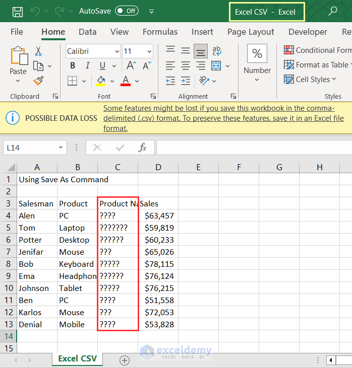 Showing Excel file exported to CSV format