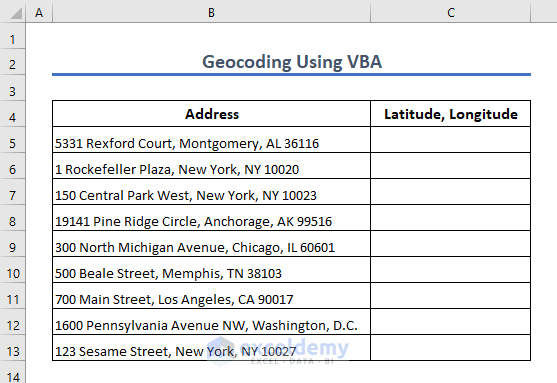 dataset for geocoding using VBA