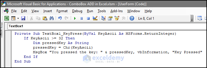 TextBox code for executing the code when user press key each time
