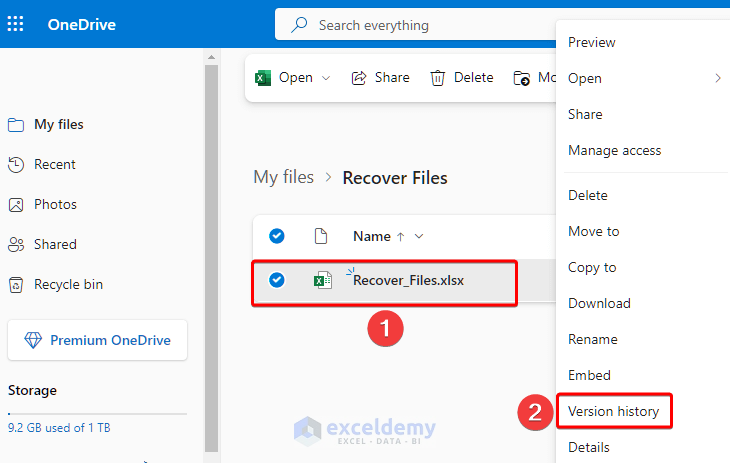 Steps to recover Excel files from OneDrive with Version history