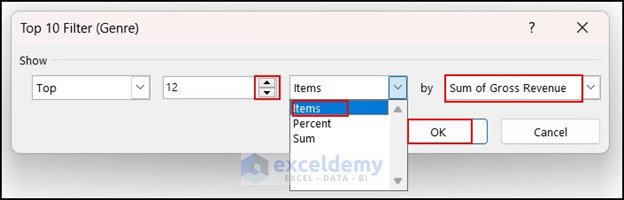 Selecting options in Top 10 Filter dialog box