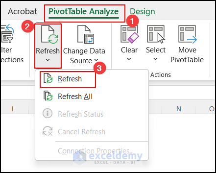 Refresh from PivotTable Analyze tab