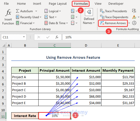 Selecting Remove Arrows from the Formulas tab