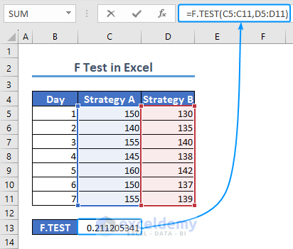 using F.TEST function to conduct f test in Excel
