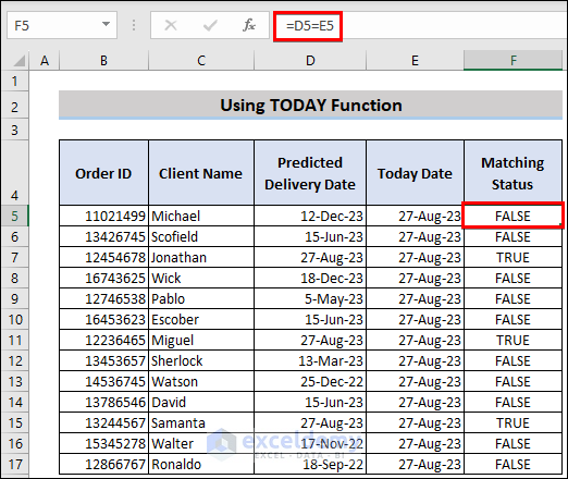 using logical equal operator to compare date with current date in Excel