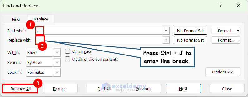 Replacing a character with line break in Excel