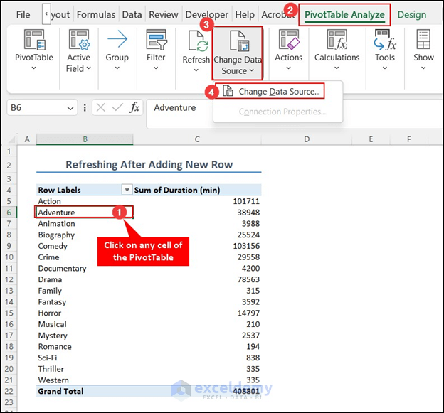 Change data source in PivotTable Analyze tab