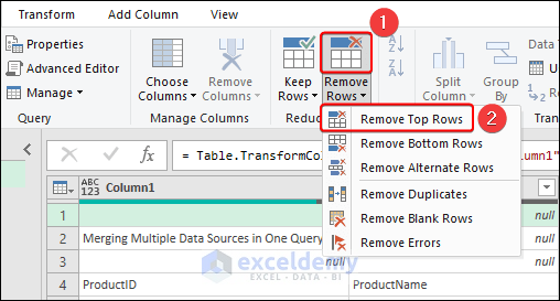 Clicking Remove Top Rows option in Remove Rows