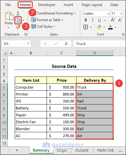 Select Copy option in Home tab for linking in Excel