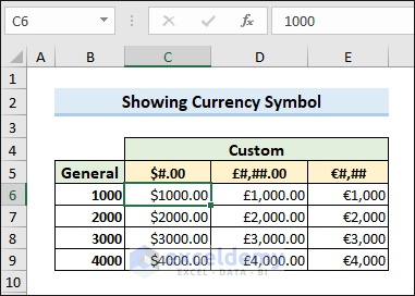 Showing currency symbol in custom number format