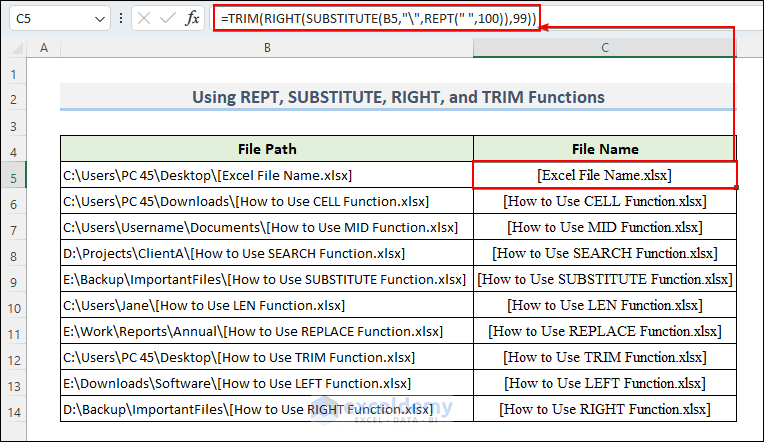 Using the RIGHT, SUBSTITUTE, REPT, and TRIM Functions