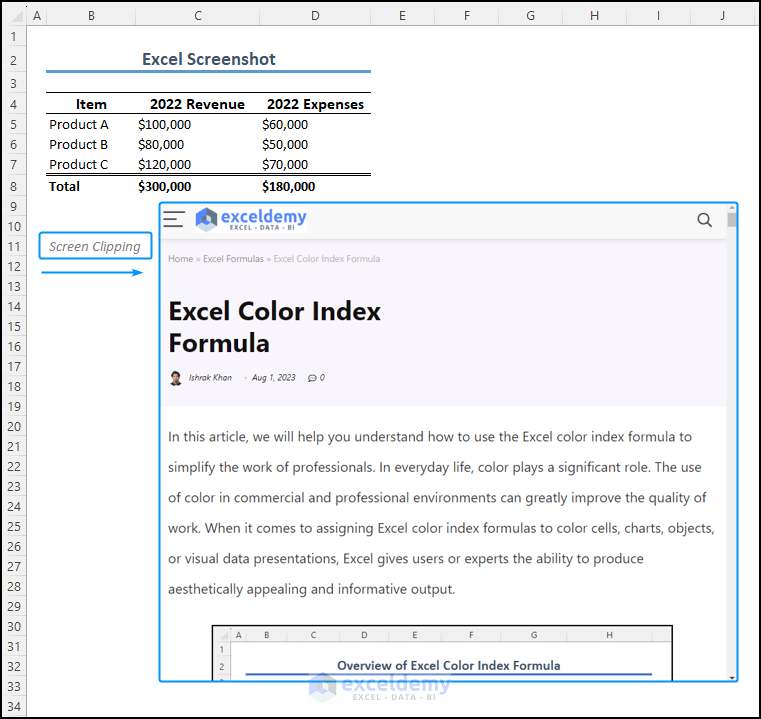 screenshot in the spreadsheet using screen clipping