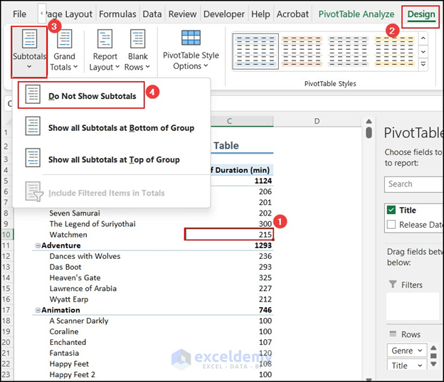 Subtotals option in Design tab of Excel