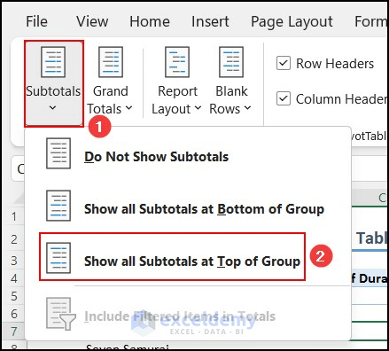 Show all subtotals at top of group in PivotTable