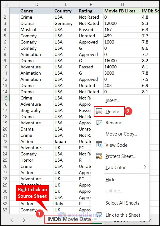 Delete option from right-click on source data sheet