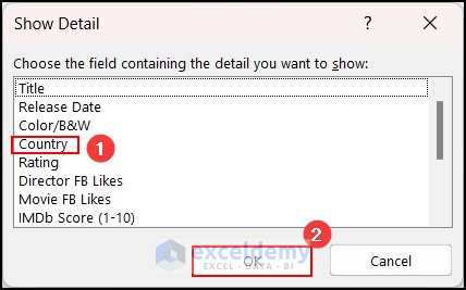 Show Detail dialog box for drill down
