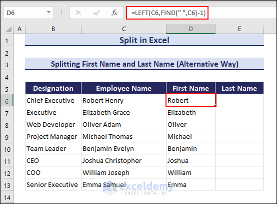 Applying FIND function to get the first name