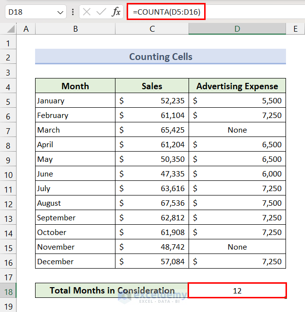 Applying COUNTA Function to Count Non-Blank Cells