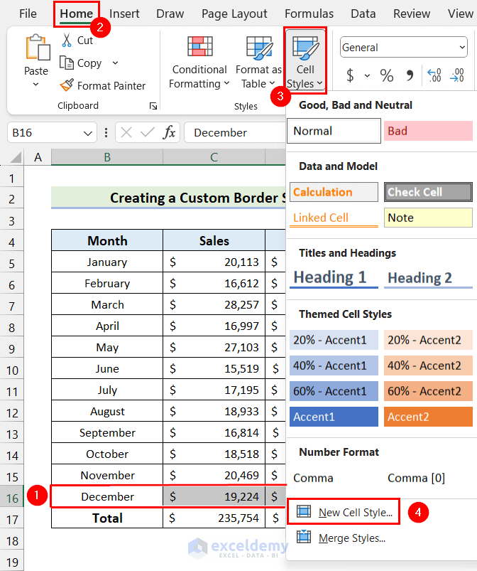 Selecting New Cell Style Option to Create Custom Border Style
