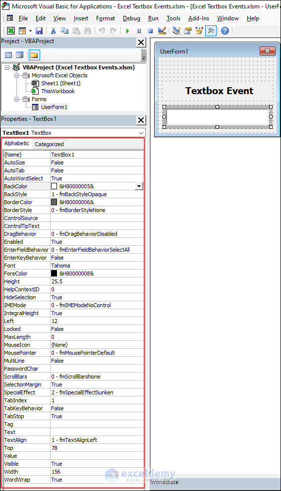 VBA Textbox menu modify with the help of the properties menu