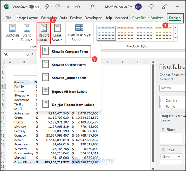 Report Layout option from Design tab in PivotTable