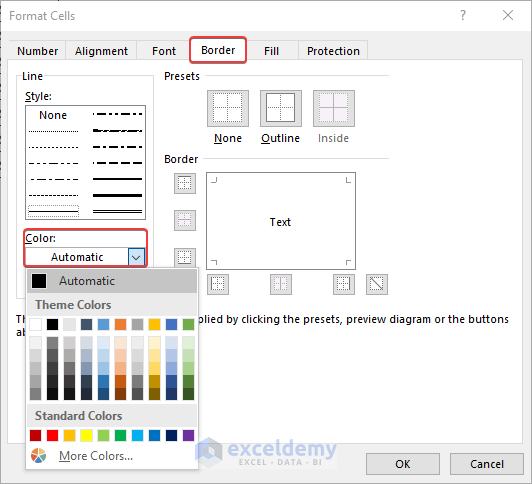 Changing border line color with format cells dialog