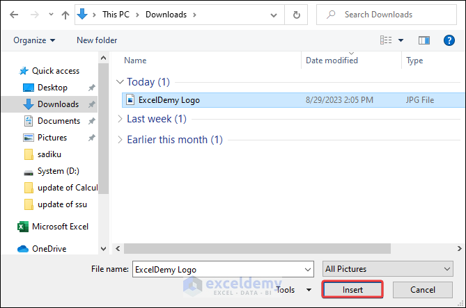 Browsing for the Image File to Insert in Header