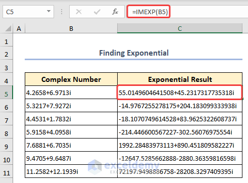Formula of IMEXP function to get exponential of complex number