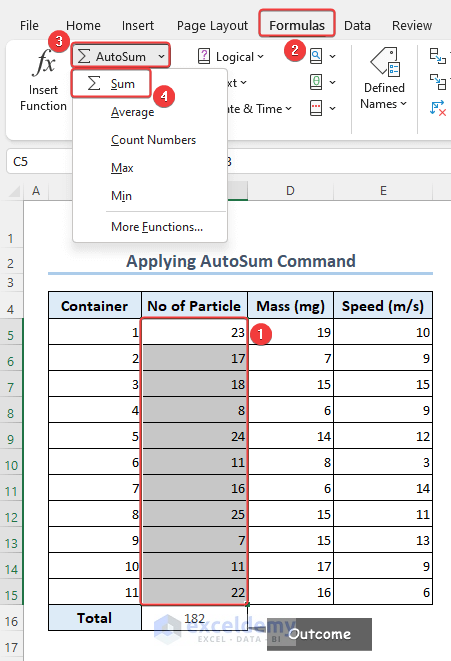 Using the AutoSum command to compute sum of an Excel range