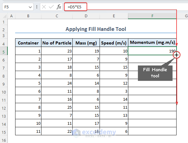Applying the Excel fill handle tool to calculate automatic