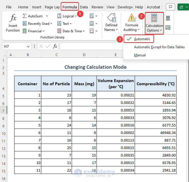 Changing the calculation mode in Excel