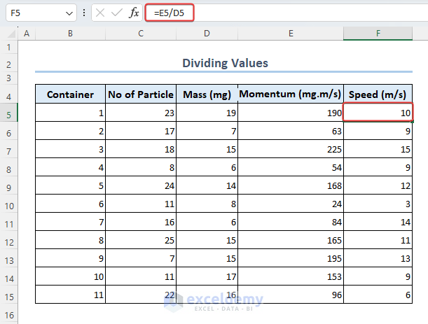 Performing division in Excel