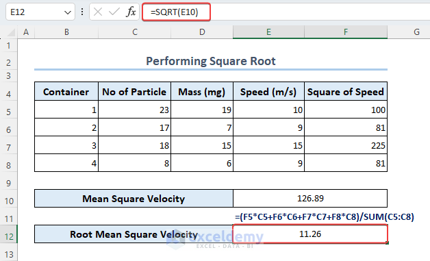 Performing Square root in Excel