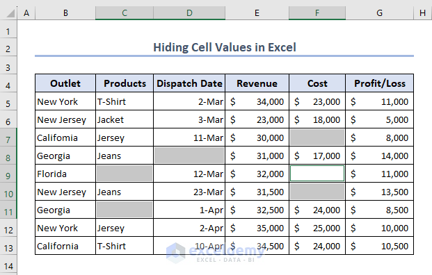 Output after Excel hide cells