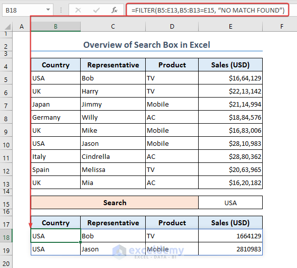 An overview image of search box in Excel