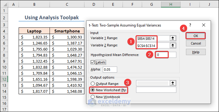 Setting up Parameters for Two Sample T-Test