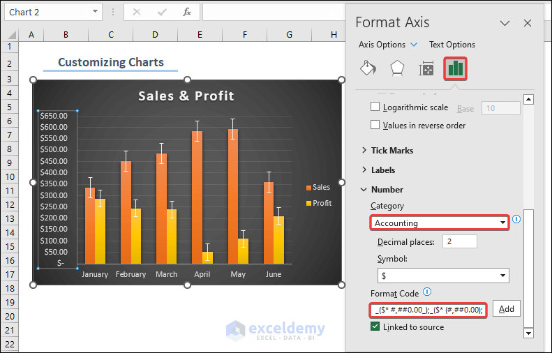 Showing Number Format Feature for Vertical Axis