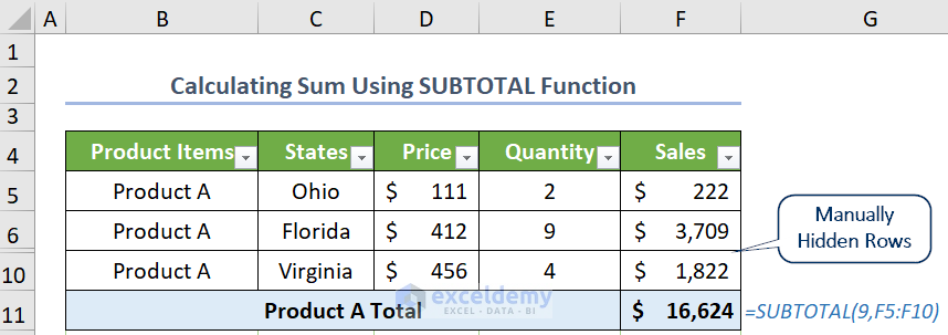 Using SUBTOTAL function for manually hidden rows