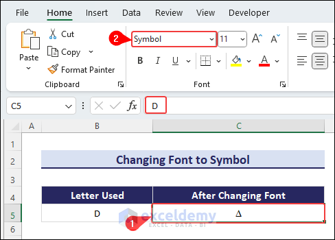 Changing font to Symbol of letter D