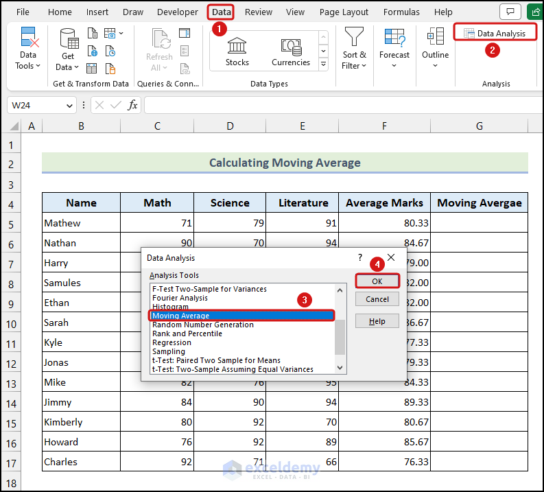 Utilizing Data Analysis ToolPak to Calculate Moving Average