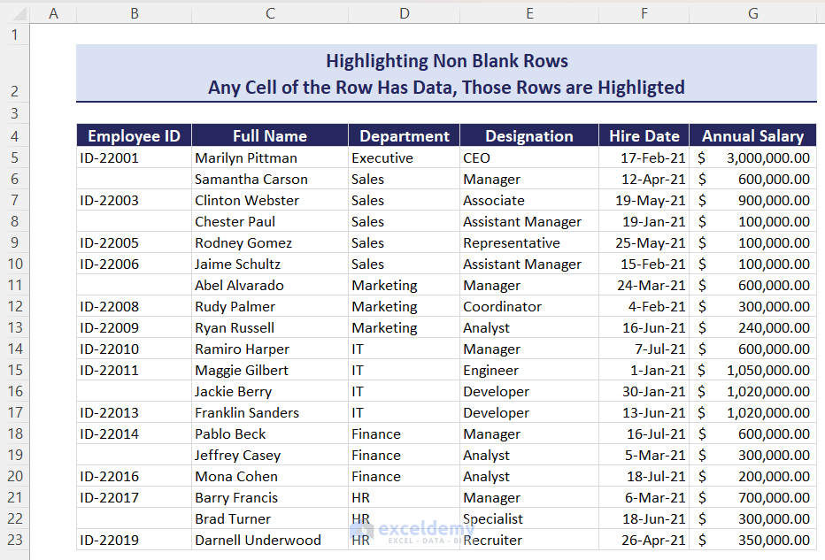 Dataset to highlight non blank rows
