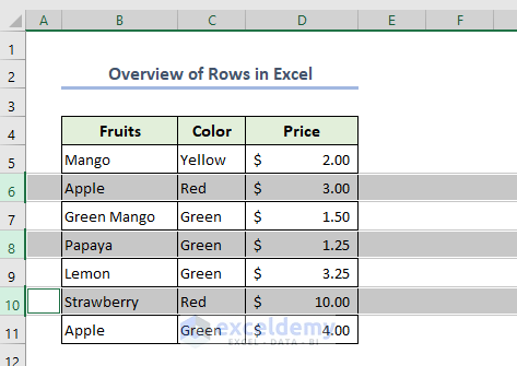 Overview image of rows in Excel