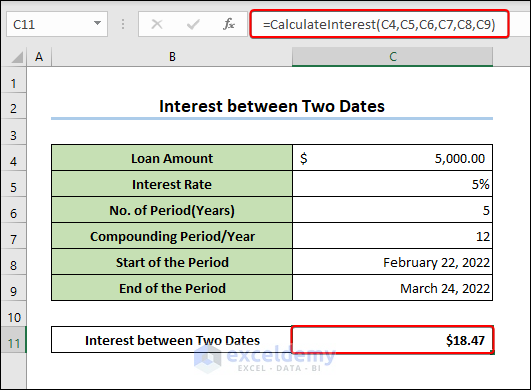 Using CalculateInterest function in cell C11