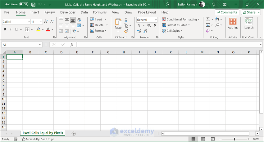 Initial Sheets to make Excel Cells Equal by Pixels to Get the Same Height and Width