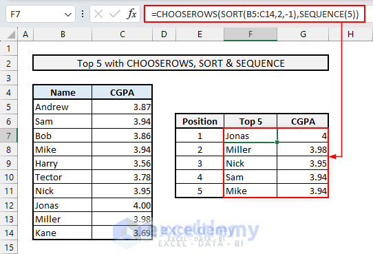 Using CHOOSEROWS, SORT & SEQUENCE functions to find top 5 values and names in Excel for Microsoft 365