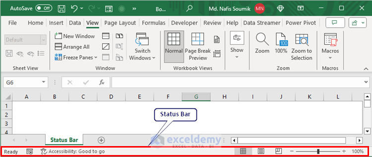 location of status bar in Excel