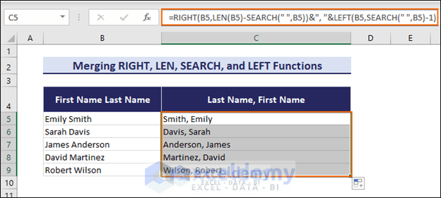 Using Excel formula to switch first and last name in Excel with comma