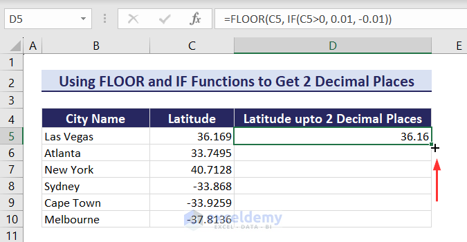 Showing 2 decimal places without rounding in Excel using FLOOR and IF functions