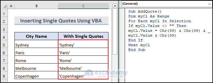 11- final output result after running the VBA code to insert single quotes