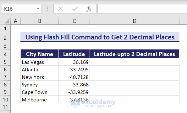 Dataset to get 2 decimal places without rounding in Excel using Flash Fill command